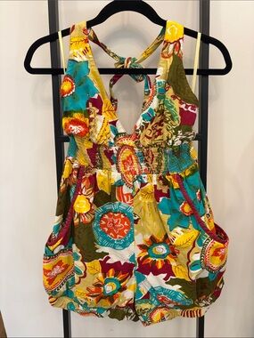 Fire Los Angeles Floral Halter Romper in Yellow, Teal & Olive
